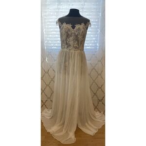 Bridess White Bride Wedding Dress Lace Split Long Floral Formal Gown + Cups NEW